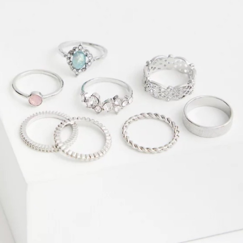 SILVER-TONE TEAL FAUX MOONSTONE RING SET -SET OF 8